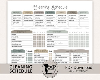 May include: A printable cleaning schedule checklist with a light gray background and brown text. The checklist is divided into daily, weekly, monthly, quarterly, semi-annual, and annual tasks. The checklist includes tasks such as making beds, doing laundry, cleaning the kitchen, and organizing closets.