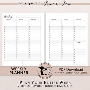 Planificador semanal imprimible / Diseño vertical de 2 páginas por hora / Semana en dos páginas / Minimalista moderno / A4 A5 Tamaño medio carta / PDF CLP04-02