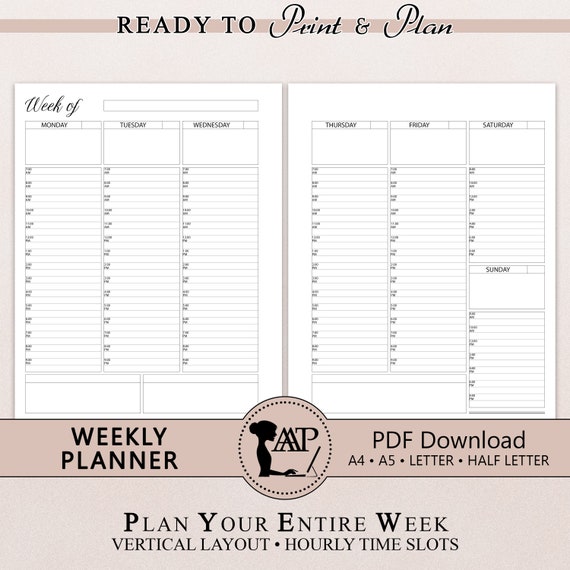 Weekly Planner Printable | Vertical Hourly 2 Page Layout | Week on Two Pages | Modern Minimalist | A4 A5 Letter Half Size | PDF CLP04-02