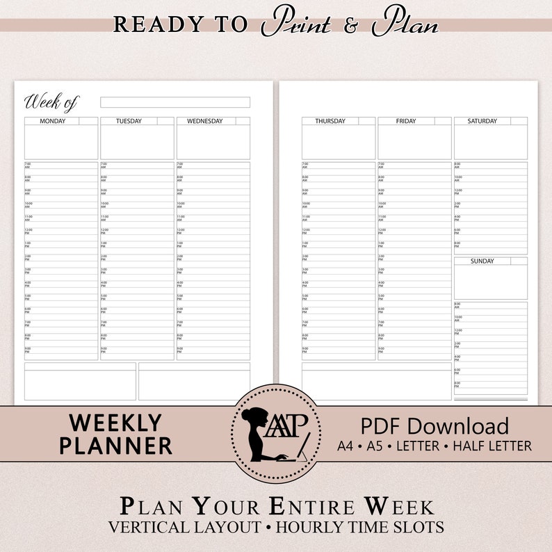 May include: A black and white printable weekly planner with hourly time slots. The planner is designed for vertical layout and includes the days of the week: Monday, Tuesday, Wednesday, Thursday, Friday, Saturday, and Sunday. The planner is available in A4, A5, Letter, and Half Letter sizes.
