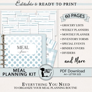 Meal Planning Printable Kit, Editable Meal Planner, Grocery List, Kitchen Inventory, Monthly Weekly, Food Journal, Meal Prep RMP02-06 MPK
