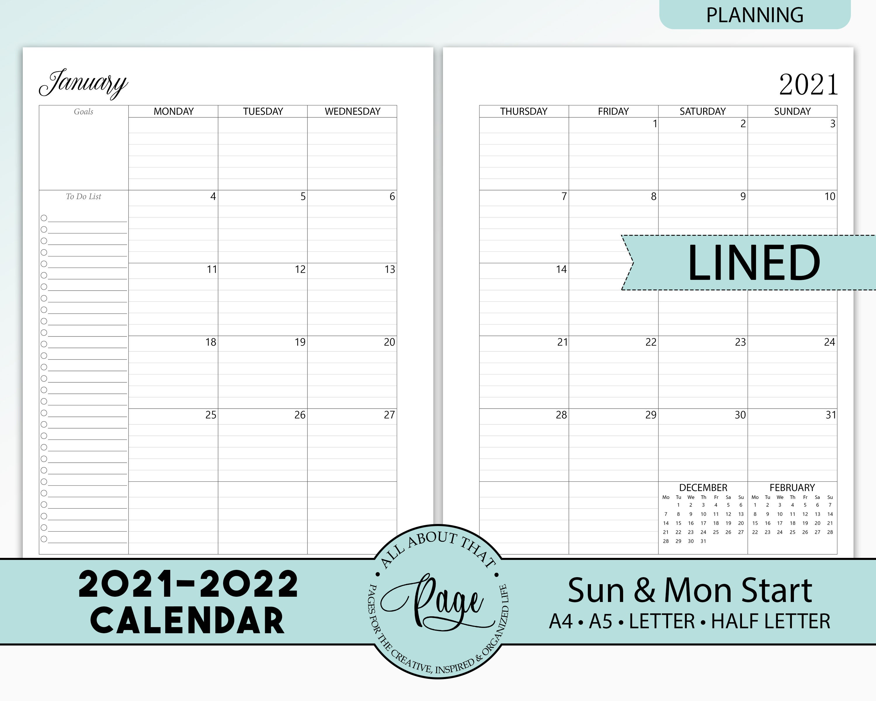 New 2021 2022 Monthly Calendar Printable Two 2 Page Planner Etsy