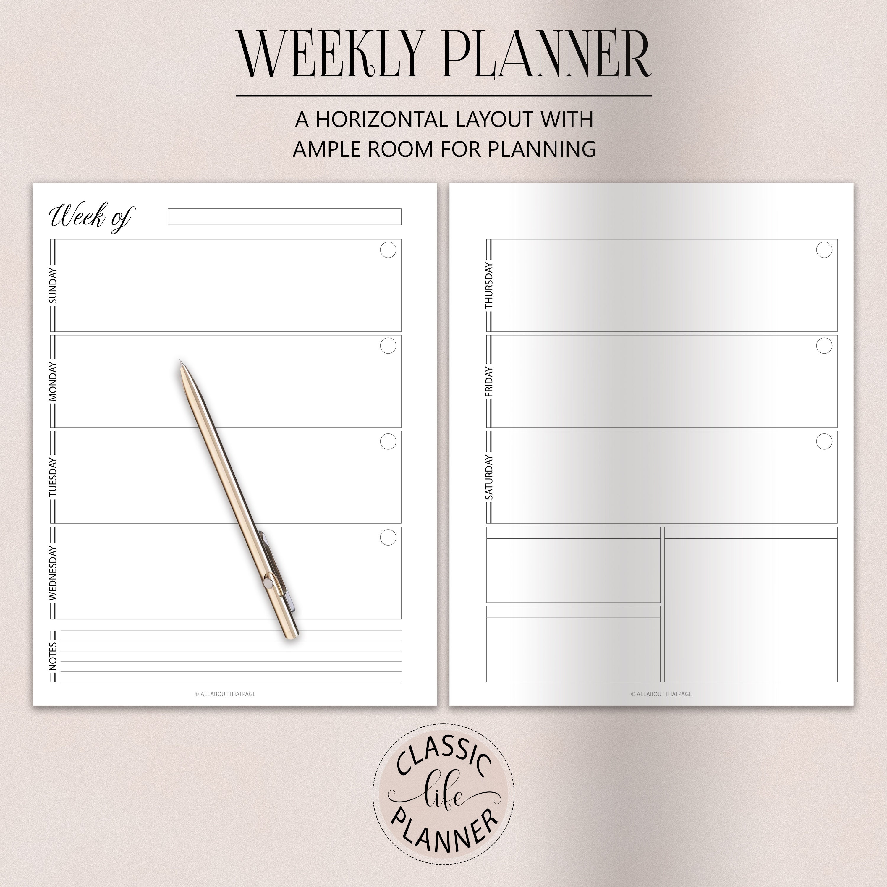 Weekly Planner Printable | Horizontal Unlined 2 Page Layout | Week on ...