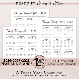 2026 2027 2028 Jahr auf einen Blick Digitaler Kalender zum Ausdrucken | Minimalistisch | GoodNotes | Sonntag Montag Start | A4 A5 Letter Halb PDF CLP02-01