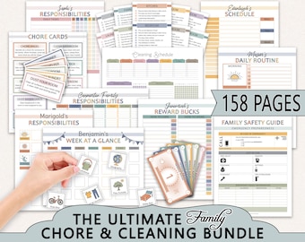 BEWERKBARE gezinskarwei en schoonmaakbundel afdrukbaar | Karweikaarten | Reinigingskaarten | Schema | Beloningen | Dagelijkse wekelijkse routines | HFL