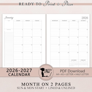 2026 2027 Monatskalender zum Ausdrucken | Zwei 2-seitige linierte unlinierte Planereinlage | Sonntag Montag Start | A4 A5 Letter Halbe Größe | PDF CLP01-01