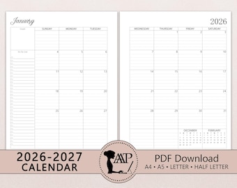 2026 2027 Monthly Calendar Printable | Two 2 Page Lined Unlined Planner Insert | Sunday Monday Start | A4 A5 Letter Half Size | PDF CLP01-01