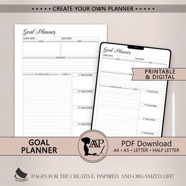Goal Planner Printable Digital | Goal Setting Form | Goal Tracker | Habit Planner | Minimalist | A4 A5 Letter Half Size | PDF CLP07-09