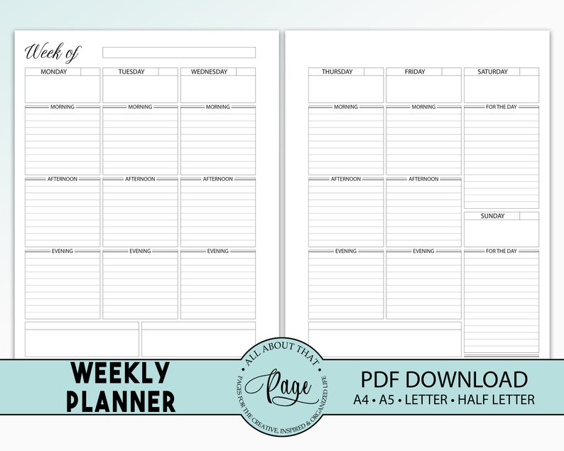 new weekly planner printable 2 page spread blocked week on etsy