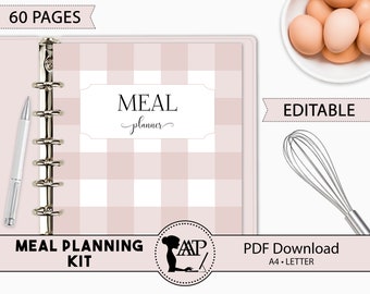 Meal Planning Printable Kit, Editable Meal Planner, Grocery List, Kitchen Inventory, Monthly Weekly, Food Journal, Meal Prep RMP04-06 MPK