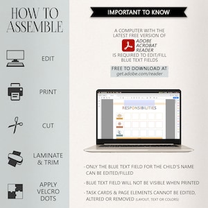K&ouml;nnte beinhalten: Eine Anleitungsgrafik f&uuml;r eine digitale Datei mit einem Laptop, der eine Verantwortlichkeits&uuml;bersicht anzeigt. Der Text enth&auml;lt HOW TO ASSEMBLE, IMPORTANT TO KNOW sowie Anweisungen f&uuml;r Adobe Acrobat Reader, das Bearbeiten blauer Textfelder, Drucken, Schneiden und das Anbringen von Klettpunkten.