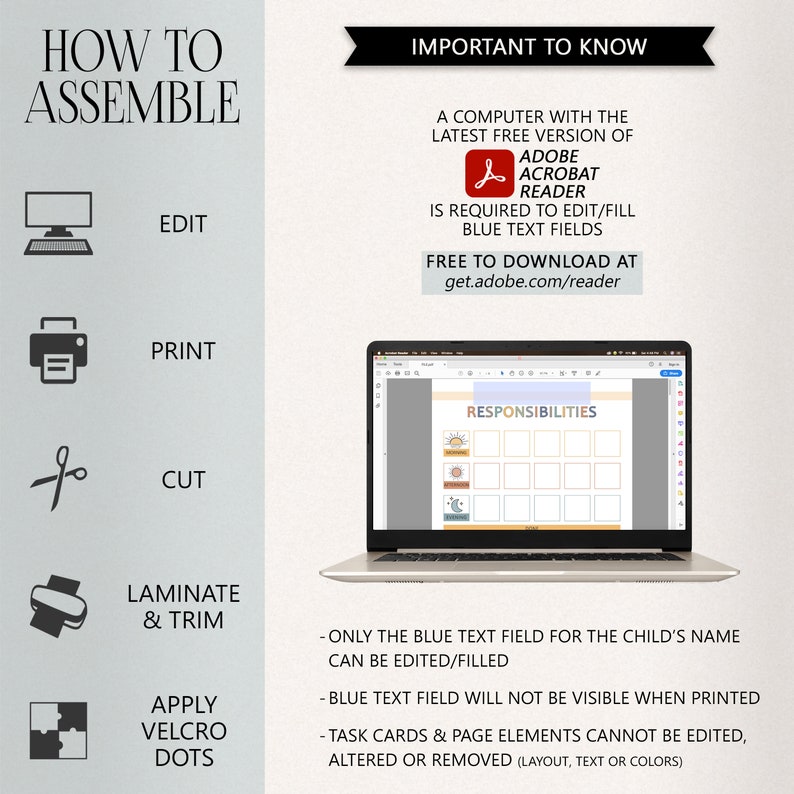 K&ouml;nnte beinhalten: Eine Anleitungsgrafik f&uuml;r eine digitale Datei mit einem Laptop, der eine Verantwortlichkeits&uuml;bersicht anzeigt. Der Text enth&auml;lt HOW TO ASSEMBLE, IMPORTANT TO KNOW sowie Anweisungen f&uuml;r Adobe Acrobat Reader, das Bearbeiten blauer Textfelder, Drucken, Schneiden und das Anbringen von Klettpunkten.