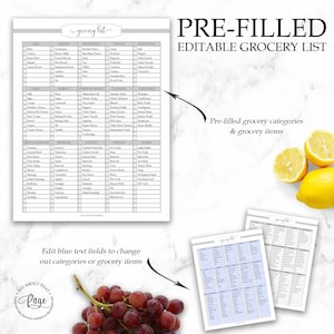 K&ouml;nnte beinhalten: Eine vorgef&uuml;llte, editierbare Einkaufsliste mit Kategorien und Artikeln, mit einer handgeschriebenen "grocery list"-&Uuml;berschrift. Die Liste enth&auml;lt Abschnitte f&uuml;r Feinkost, B&auml;ckerei, Getr&auml;nke, Snacks, Gew&uuml;rze, Milchprodukte, Backen, Papier & Verpackungen, Reinigungsmittel, Toilettenartikel, Fleisch & Meeresfr&uuml;chte, Produkte, Speisekammer, Tiefk&uuml;hlkost und Sonstiges.