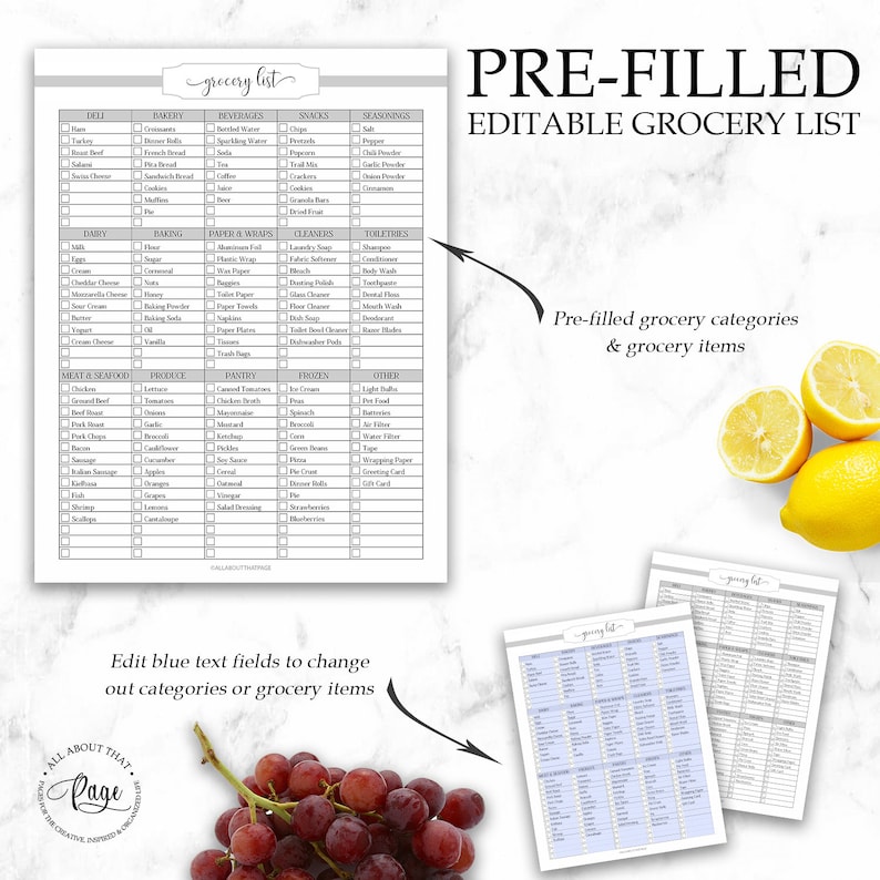 K&ouml;nnte beinhalten: Eine vorgef&uuml;llte, editierbare Einkaufsliste mit Kategorien und Artikeln, mit einer handgeschriebenen "grocery list"-&Uuml;berschrift. Die Liste enth&auml;lt Abschnitte f&uuml;r Feinkost, B&auml;ckerei, Getr&auml;nke, Snacks, Gew&uuml;rze, Milchprodukte, Backen, Papier & Verpackungen, Reinigungsmittel, Toilettenartikel, Fleisch & Meeresfr&uuml;chte, Produkte, Speisekammer, Tiefk&uuml;hlkost und Sonstiges.