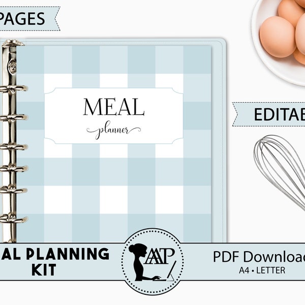 Meal Planning Printable Kit, Editable Meal Planner, Grocery List, Kitchen Inventory, Monthly Weekly, Food Journal, Meal Prep RMP02-06 MPK
