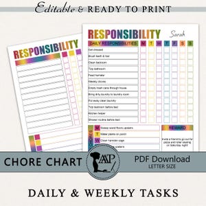 May include: A printable chore chart for children with a colourful design. The chart includes daily and weekly responsibilities, a chore list, and a reward section. The text on the chart reads "Responsibility" and "Chore Chart".