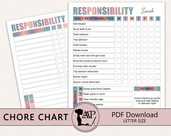 May include: A printable chore chart for kids with a pink and blue gradient background. The chart includes daily and weekly responsibilities, a chore list, and a reward section. The text on the chart says "Responsibility" and "Chore Chart".