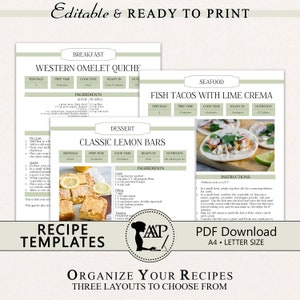 Modelo de receita editável, fichário de receitas para impressão, modelo de livro de receitas, cartão de receitas, página tamanho carta A4, download de PDF, verde, RMP03-05 ERT