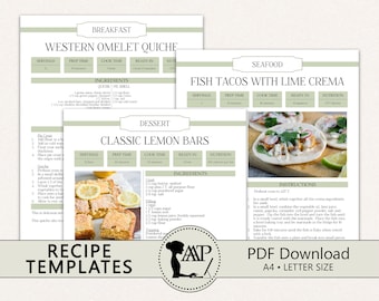 May include: Printable PDF recipe templates offering layouts for various dishes, including breakfast, seafood, and dessert. Recipes include Western Omelet Quiche, Fish Tacos with Lime Crema, and Classic Lemon Bars. The text "Editable & READY TO PRINT" is at the top of the image.