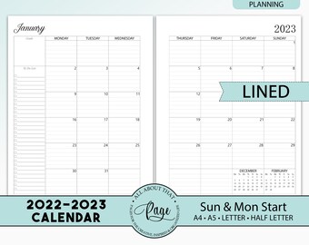NEW! 2022 2023 Monthly Calendar Printable, Two 2 Page Planner Insert, Lined, Sunday Monday Start, A4 A5 Letter Half Size PDF CLP01-02