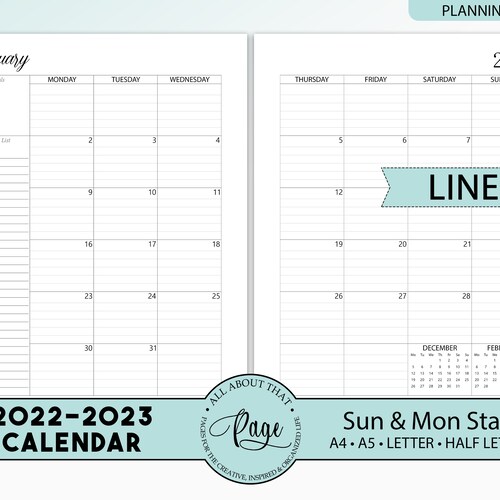 new 2022 2023 monthly calendar printable two 2 page planner etsy