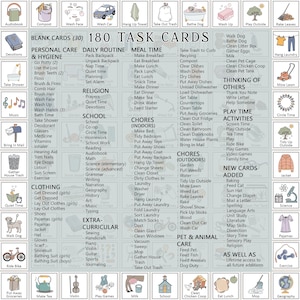 K&ouml;nnte beinhalten: Eine Sammlung von 180 Aufgabenkarten mit Textlisten, die nach t&auml;glichen Routinen, K&ouml;rperpflege, Hausarbeiten und Schulaktivit&auml;ten geordnet sind. Das Raster enth&auml;lt kleine illustrative Symbole f&uuml;r jede Aufgabe, wie ein Fahrrad.