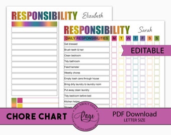 Editable Chore Chart Printable Chores for Older Kids Child | Etsy