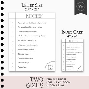 May include: Two printable checklists for kitchen cleaning tasks. The larger checklist is 8.5 inches by 11 inches and the smaller checklist is 4 inches by 6 inches. Both checklists have a black and white design with a simple "K" monogram.
