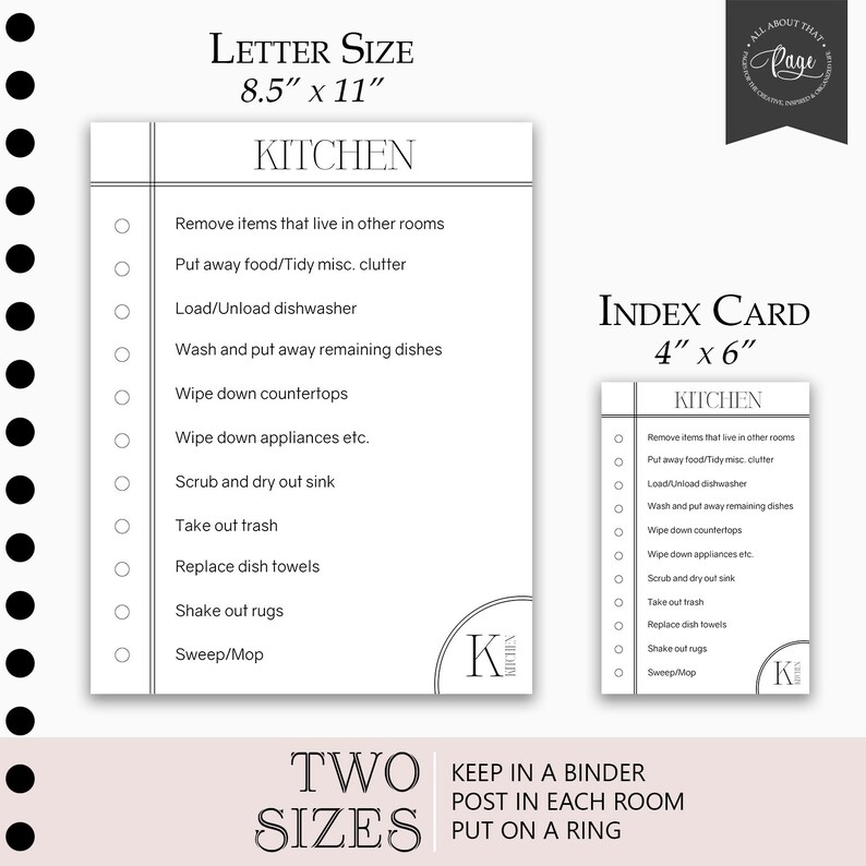 May include: Two printable checklists for kitchen cleaning tasks. The larger checklist is 8.5 inches by 11 inches and the smaller checklist is 4 inches by 6 inches. Both checklists have a black and white design with a simple "K" monogram.