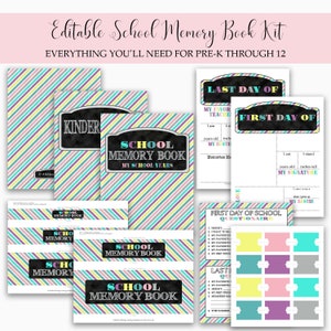 Puede incluir: Un kit de libro de recuerdos de la escuela imprimible con cubiertas y p&aacute;ginas a rayas de colores para registrar los recuerdos del primer y &uacute;ltimo d&iacute;a de escuela. El kit incluye p&aacute;ginas para jard&iacute;n de infantes, el primer d&iacute;a de escuela, el &uacute;ltimo d&iacute;a de escuela y un libro de recuerdos de la escuela.