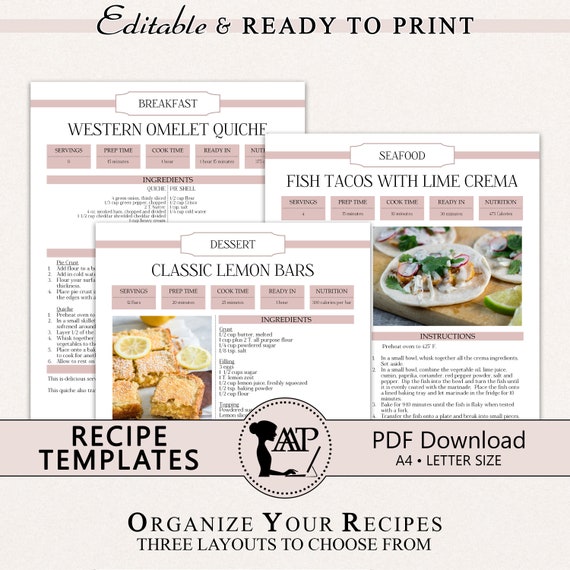 Editable Recipe Template, Recipe Binder Printable, Cookbook Template, Recipe Card, A4, Letter Size Page, PDF Download, Pink, RMP04-05 ERT