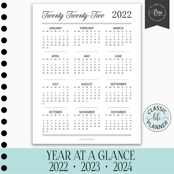 Jmu 2023 2024 Calendar New 2022 2023 2024 Year At A Glance Calendar Month Sunday | Etsy Australia