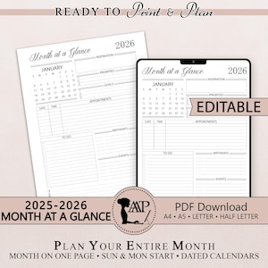 2025-2026 Month at a Glance Planner Printable Digital | Monthly Overview | One Page Calendar | Editable | Half Letter A4 A5 Size | PDF | CLP
