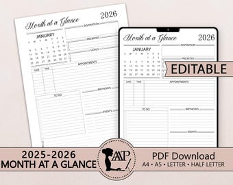 2025-2026 Month at a Glance Planner Printable Digital | Monthly Overview | One Page Calendar | Editable | Half Letter A4 A5 Size | PDF | CLP
