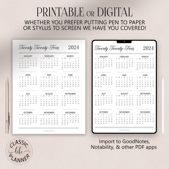 2024 2025 2026 Year at a Glance Calendar Printable Digital