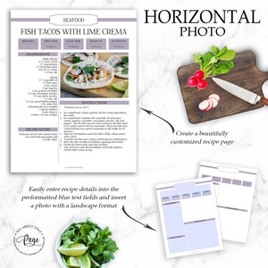 May include: A printable recipe template with a blue background and a light purple border. The template is designed for a horizontal photo and includes sections for servings, prep time, cook time, ready in, nutrition, ingredients, instructions, and recipe notes. The template also includes a sample recipe for fish tacos with lime crema.