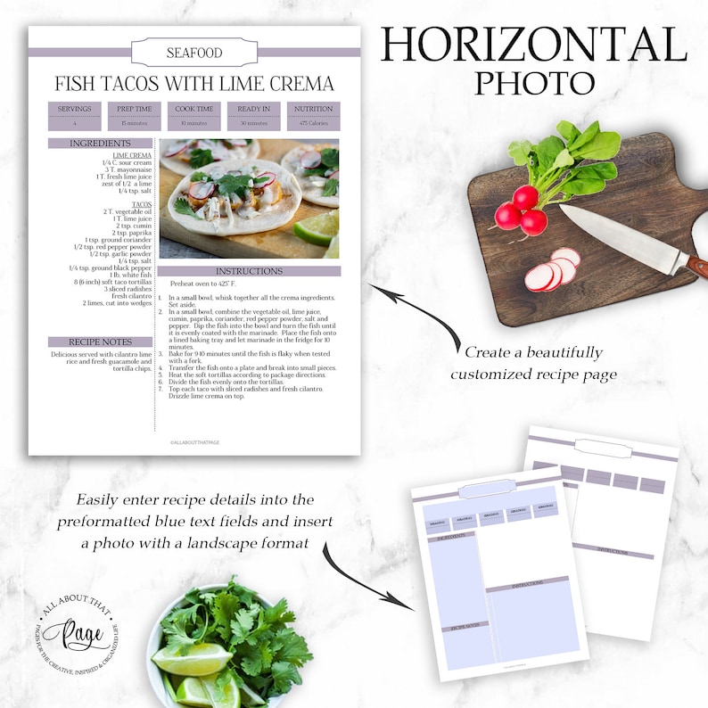 May include: A printable recipe template with a blue background and a light purple border. The template is designed for a horizontal photo and includes sections for servings, prep time, cook time, ready in, nutrition, ingredients, instructions, and recipe notes. The template also includes a sample recipe for fish tacos with lime crema.
