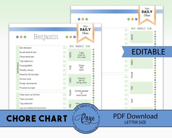 Editable Chore Chart Printable Template for Older Kids Child | Etsy