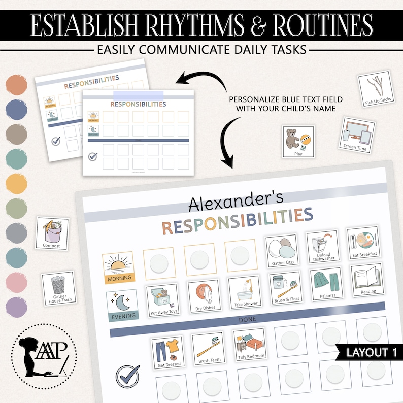 K&ouml;nnte beinhalten: Ein druckbares Verantwortlichkeitsdiagramm mit dem Titel Alexander's Responsibilities mit Morgen- und Abendabschnitten, Aufgaben-Icons wie Z&auml;hneputzen und Aufr&auml;umen sowie leeren Feldern zur Nachverfolgung. Enth&auml;lt eine Farbpalette und ein Layout-1-Etikett.