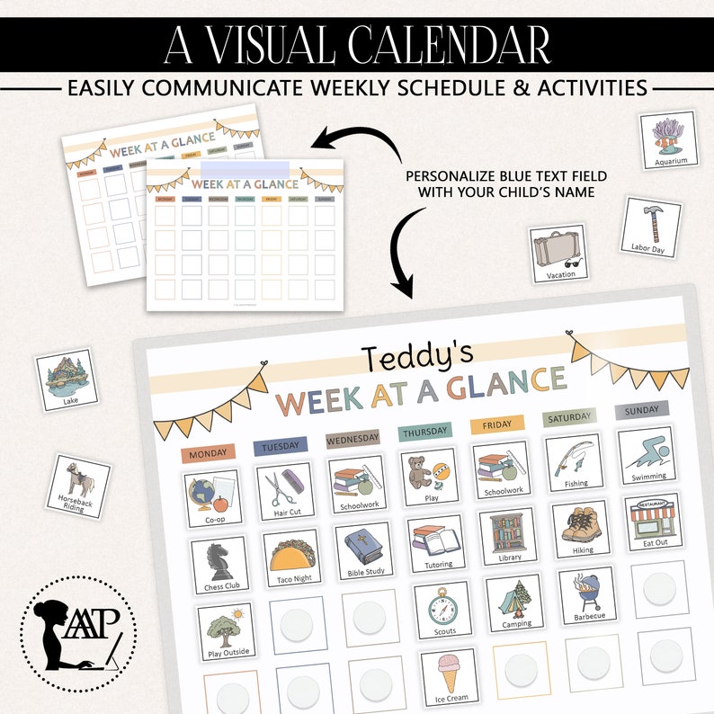 Week at a Glance Kids Calendar With Pictures Printable | Visual Weekly ...