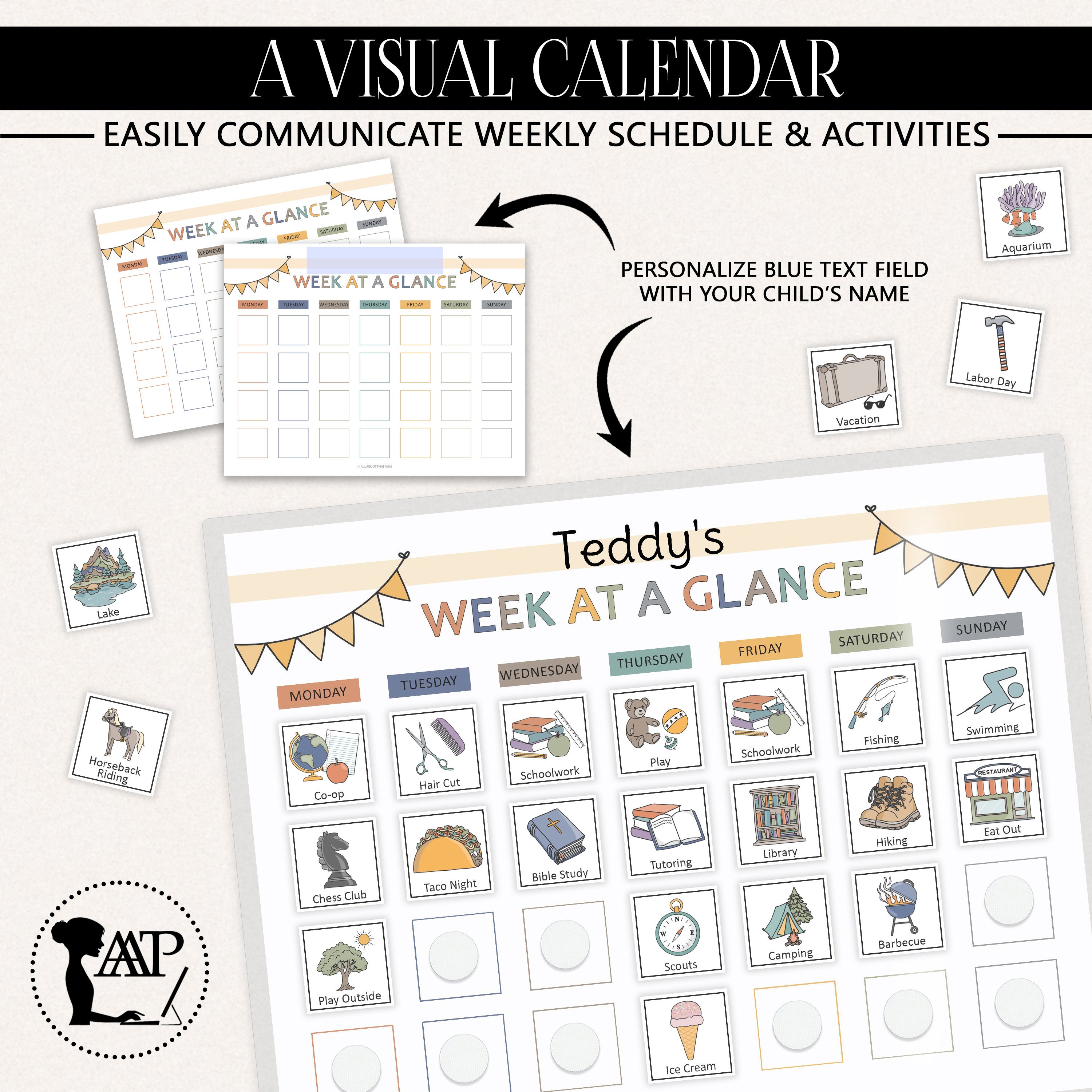 Week at a Glance Kids Calendar With Pictures Printable | Visual Weekly ...