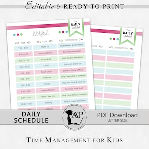 May include: Two printable daily schedule templates with a pink, green, and blue color scheme. The schedules are labeled "Abigail" and include time slots for various activities. The text "DAILY SCHEDULE" and "TIME MANAGEMENT FOR KIDS" are also visible.