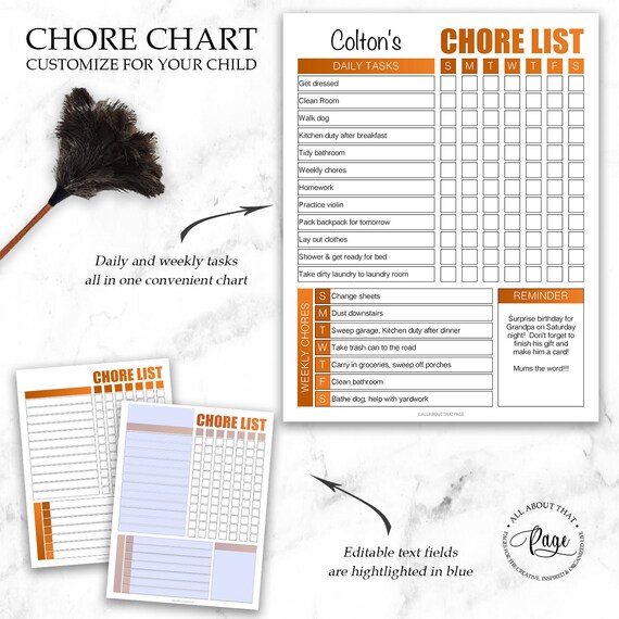 Calendars &amp; Planners Paper Paper &amp; Party Supplies Editable Chore Chart ...