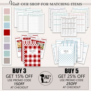 K&ouml;nnte beinhalten: Eine Sammlung von druckbaren Planerseiten und Rezeptkarten. Die Rezeptkarten haben einen rot-wei&szlig; karierten Umschlag. Das Bild enth&auml;lt auch den Text "Visit OUR SHOP FOR MATCHING ITEMS", "BUY 3 GET 15% OFF" und "BUY 5 GET 25% OFF".