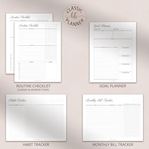 May include: A printable planner set with black text on white paper. The set includes a routine checklist, goal planner, habit tracker, and monthly bill tracker.