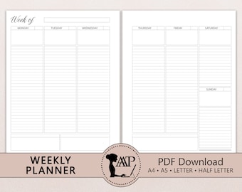 Weekly Planner Printable | Vetical Lined 2 Page Layout | Week on Two Pages | Modern Minimalist | A4 A5 Letter Half Size | PDF CLP04-01