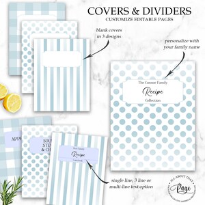 May include: A set of printable recipe book covers with customizable text options. The covers feature three different patterns: blue and white gingham, blue and white polka dots, and blue and white stripes. The text on the covers reads "The Connor Family Recipe Collection" and "Our Family Recipe Cookbook".