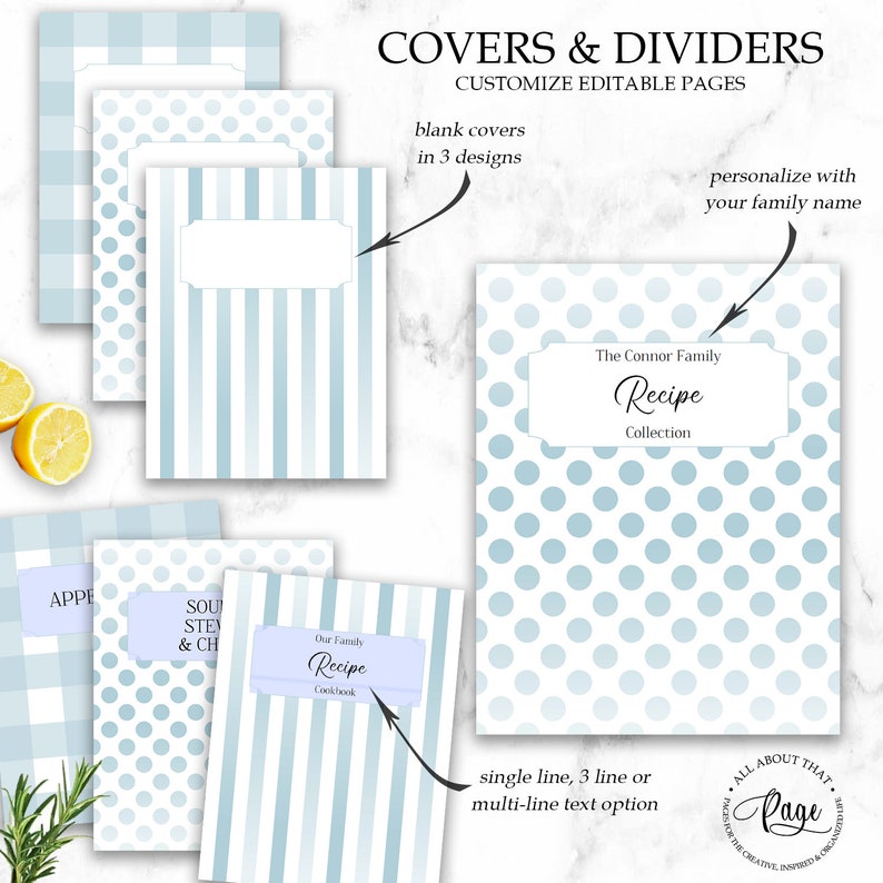May include: A set of printable recipe book covers with customizable text options. The covers feature three different patterns: blue and white gingham, blue and white polka dots, and blue and white stripes. The text on the covers reads "The Connor Family Recipe Collection" and "Our Family Recipe Cookbook".