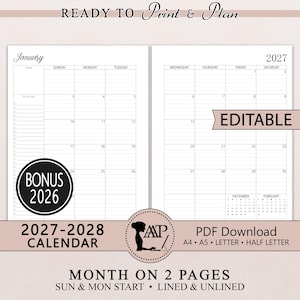 May include: A printable 2027 monthly calendar layout spanning two pages with a goals and to-do list section on the left. The grid includes days of the week, dates, and small reference calendars for December and February. Text includes READY TO PRINT & PLAN, EDITABLE, BONUS 2026, 2027-2028 CALENDAR, PDF DOWNLOAD, A4, A5, LETTER, HALF LETTER, and MONTH ON 2 PAGES.