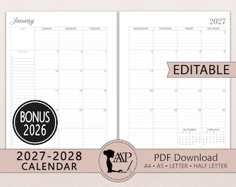 May include: A printable 2027 monthly calendar layout spanning two pages with a goals and to-do list section on the left. The grid includes days of the week, dates, and small reference calendars for December and February. Text includes READY TO PRINT & PLAN, EDITABLE, BONUS 2026, 2027-2028 CALENDAR, PDF DOWNLOAD, A4, A5, LETTER, HALF LETTER, and MONTH ON 2 PAGES.